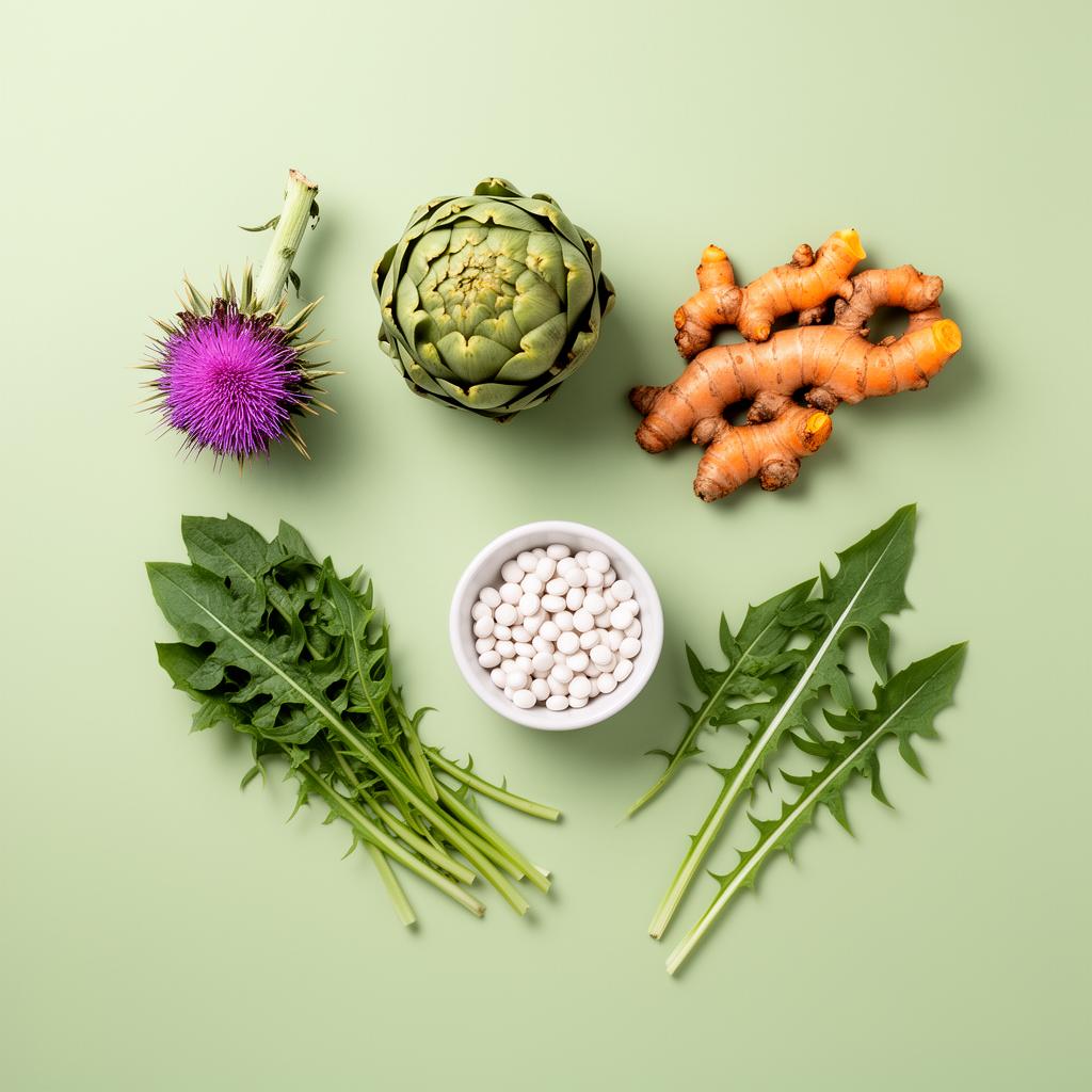 Natural liver health ingredients including milk thistle, artichoke, turmeric, and dandelion